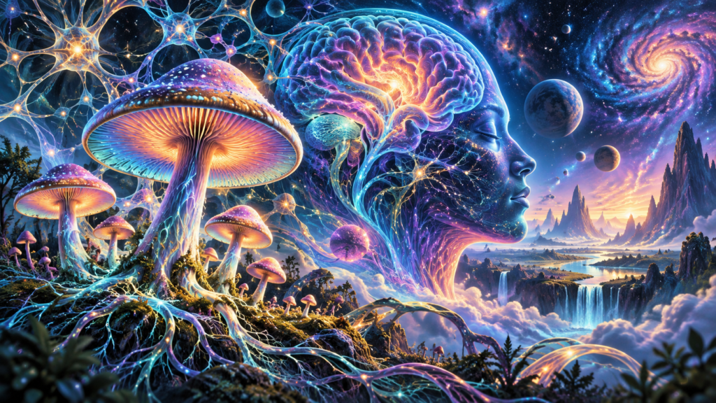 Psilocybin mushroom and neuroscience imagery representing psychedelic brain research