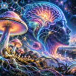 Psilocybin mushroom and neuroscience imagery representing psychedelic brain research